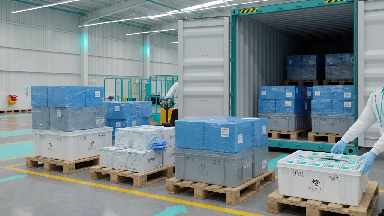Medical supply crates staged for container loading
