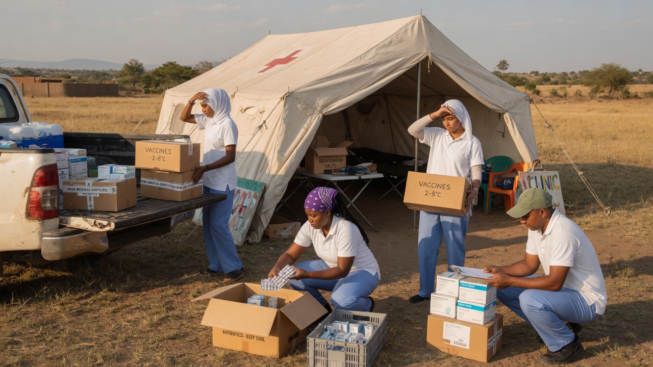 Field clinic receiving humanitarian medical supplies